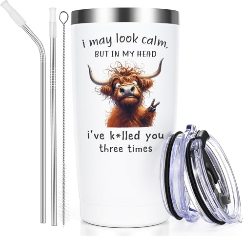 Livole Highland Cow Gifts for Men, Women, Him, Her, Funny Mugs for Men, Women, Unusual Christmas Presents, I May Look Calm, But in My Head I’ve K*lled You Three Times, 20oz 600ml Wine Tumbler Glasses