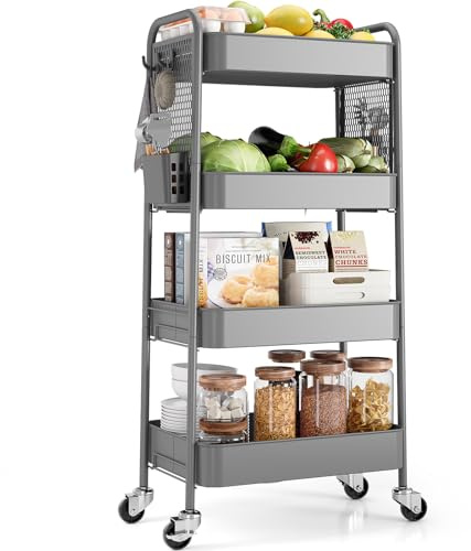 Urackify 4 Tier Storage Trolley on Wheels, Grey | DIY Pegboards, Hanging Bins, Hooks, Living Room, Kitchen, Bathroom, Office, Classroom
