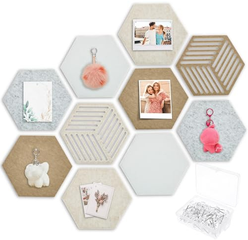10 Stück Filz Pinnwand Sechseck Selbstklebend Pinnwand Filz Wanddekoration Nagelfreie Montage Geräuschunterdrückung Kreativ Fotowand Board für Büro Zuhause