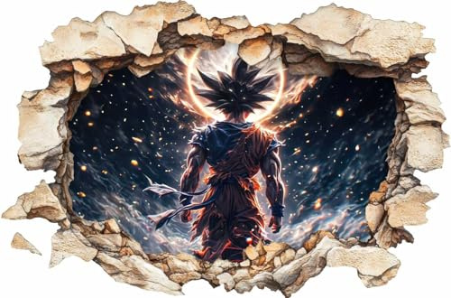 Dragon Warrior Wall Sticker – Anime Fighter 3D Smashed Wall Effect Vinyl Decal for Kids Bedroom Gaming Room Decor
