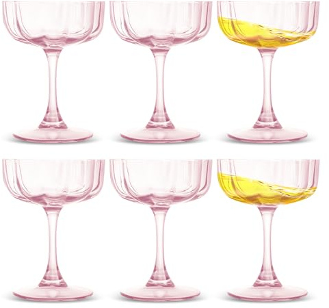 unbholkk Cocktailgläser Set mit gewellten Blütenblättern (6 Stück), Vintage-Stil Champagnerschale, Geriffelte Champagnergläser, Bar-Glaswaren, Geschenk für Geburtstags oder Hochzeits