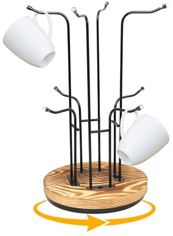 360° Rotating Mug Tree for Large Cups, Coffee Mug Holder with 8 Hooks | Stable Wooden Base, Metal Coffee Cup Rack Stand, Space-Saving Kitchen Countertop Organizer for Countertop, Cabinets, Office