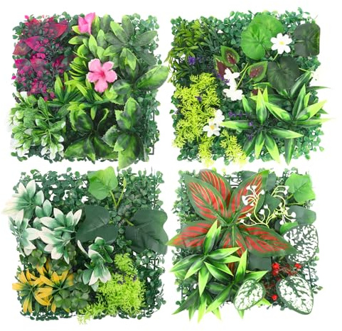 Künstliche Pflanzenwand für Innen und Außen, 4er-Set Pflanzenpaneele 25x25cm Kunstpflanzen Wand Künstliche Grüne Wand Hecke Natürliche Dekoration Wandpaneele für Garten Balkon Wohnzimmer Büro