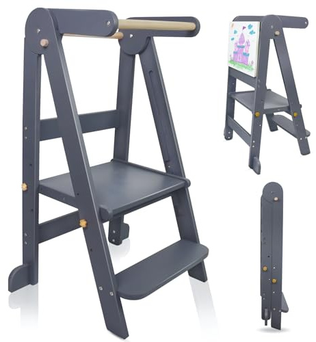 Uuoeebb Foldable Learning Tower with 3 Adjustable Height, Wooden Step Stool for Kids, Folding Learning Tower for Child with Magnetic Whiteboards, Ideal for Kitchen Counter Helper