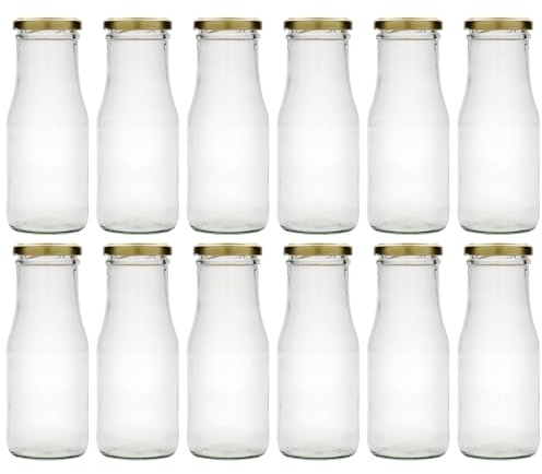 Flaschenland Set runde Saftflasche Susann aus Klarglas mit goldenem Twist-Off-Deckel ideale Glasflasche für Säfte Smoothies Saucen Vorrat (12)
