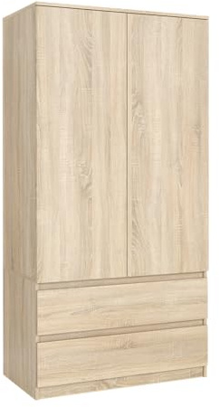 MebLocker Kleiderschrank 90 cm, 2 Schubladen und 2 Türen, Sonoma Eiche | Schlafzimmer Wohnzimmer, Garderobenschrank, Schrank mit Stauraum, Schlafzimmermöbel 90x180x50 cm