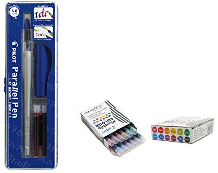 1 x Pilot Parallel Pen Kalligraphie-Feder, 6,0 mm, nachfüllbar + Box mit 12 sortierten Ersatzminen Pilot Parallel Pen