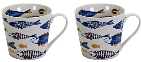 2x Becher Kaffeebecher Tasse Blue Fish Fisch Blau Gold 400ml Geschirr Porzellan Kommunion Konfirmation Taufe