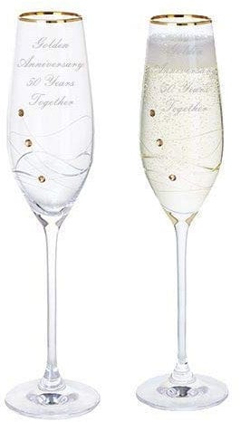 Dartington Golden Anniversary 50 Years Together Gold Glitz Pair of Champagne Flutes Glasses with Crystals & Gold Rim - Add Your Own Message