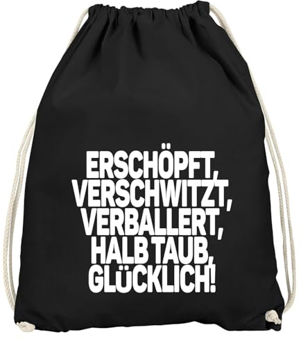 MoonWorks® Turnbeutel Spruch lustig Stoffbeutel erschöpft verschwitzt verballert halbtaub glücklich Gymbag Spruch feiern Schwarz unisize
