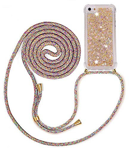 MXKOCO Handykette kompatibel mit iPhone 7/8/SE 2020 Glitzer Flüssig Bewegende Treibsand Hülle mit Band Umhängetaschen+Hüllen mit Umhängeband Handykordel mit Schutzhülle Stylische Kette mit Hülle