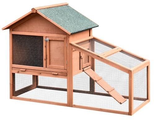 PawHut Conejera de Exterior Hecha de Madera Jaula para Conejos Dos Niveles con Techo Puerta y Ventana Bandeja Extraíble y Lavable Alta Comodidad Gran Espacio 144x64.5x100cm