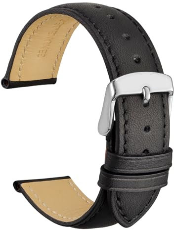WOCCI 24mm Vintage Leder Uhrenarmband mit Edelstahl Silber Schließe (Schwarz)