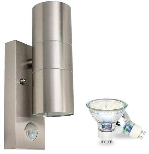 LED Außenlampe mit Bewegungsmelder Modern IP44 GU10 Außenleuchte Edelstahl Gebürstet Up Down Wandlampe für Porch Garten Balkon, Inkl. 5W GU10 Leuchtmittel Kaltweiß