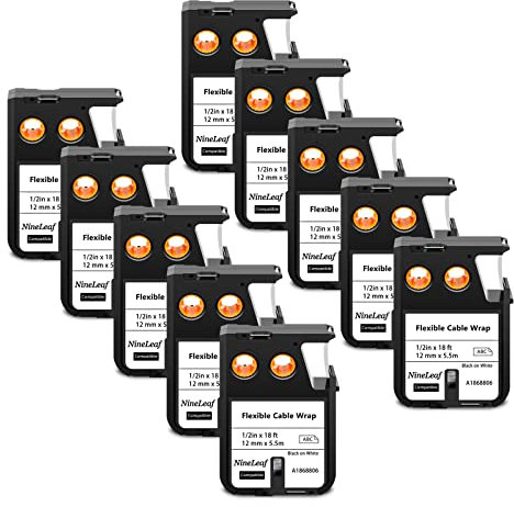 NineLeaf 10 Pack 12mm Black on White Flexible Cable Wrap Nylon Label Tape Compatible for DYMO 1868806 12mm(1/2) x5.5m(18ft) use in Rhino XTL-300 XTL-500 Label Printers