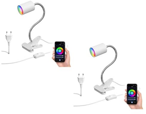 ledscom.de 2 Stück Klemmleuchte WAIKA mit Schwanenhals und Schalter weiß matt, inkl. Smart Home RGBW GU10 LED Lampe, 5,41W, 473lm