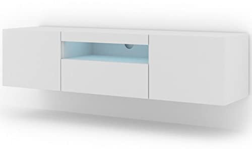 Aura - Armoire basse Hi-Fi pour TV - 150 cm - Universelle - À suspendre ou à poser - Avec LED - Blanc mat