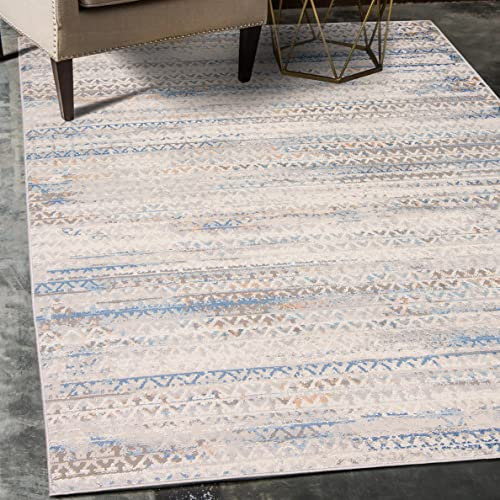 Carpeto Rugs Vintage Designer Teppich - Kurzflor - Weich Teppich für Wohnzimmer, Schlafzimmer, Esszimmer - ÖKO-TEX Wohnzimmerteppich - Teppiche - Creme Blau - 120 x 170 cm