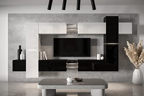 Furnitech Wohnwand Wohnzimmer - Wohnzimmer Möbel mit LED Weiß - Hängend Wohnwand Modern - Wohnzimmer Schrankwand mit Regale und TV Schrank (AN91NEW-21WB-HG3)