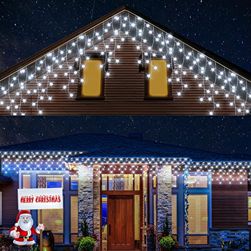 cshare Icicle Lights Outdoor, 15M 360LEDs Icicle Christmas Lights Mains Powered with Timer & Waterproof &Memory Hanging Fairy Light for Outside House Gutter Roof Wall Xmas Decorations-Cool White