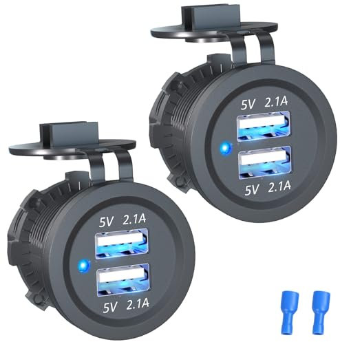 Doppelte 2.1A Ladeanschlüsse USB Steckdose 12V/24V, 2 Stück Auto KFZ Ladegerät Einbau Buchse Wasserdicht Zigarettenanzünder Mit Blau LED für Motorrad Boot LKW Wohnwagen