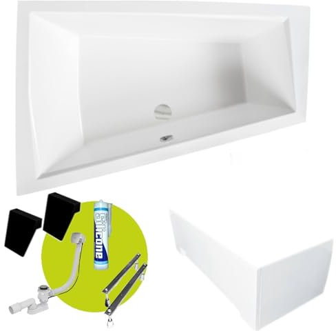 ECOLAM Baignoire trapézoïdale pour deux Intima Duo 180x125 cm | version gauche | tablier acrylique | 2x appuie-tête noir | pieds + Vidange automatique Alcaplast + silicone
