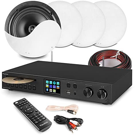 Audizio Ceiling Speaker Kit with Brescia Streaming Amplifier – 4x NCSS6 6.5 Flush-Mount Speakers, Bluetooth, Spotify Connect, CD Player, DAB+ Internet Radio Home Audio System (Black)