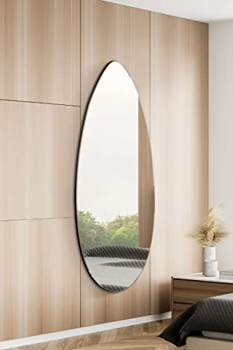 MirrorOutlet The Tear Drop - Frameless Modern Full Length Glass Leaner/Wall Mirror 63 X 24 (160CM X 60CM) Silver Mirror Glass with Black wooden Backing - Polished Edging
