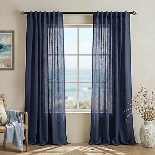 Mrs.Naturall Transparente Vorhänge, Leinen-Mischgewebe, 132 x 228 cm, Marineblau