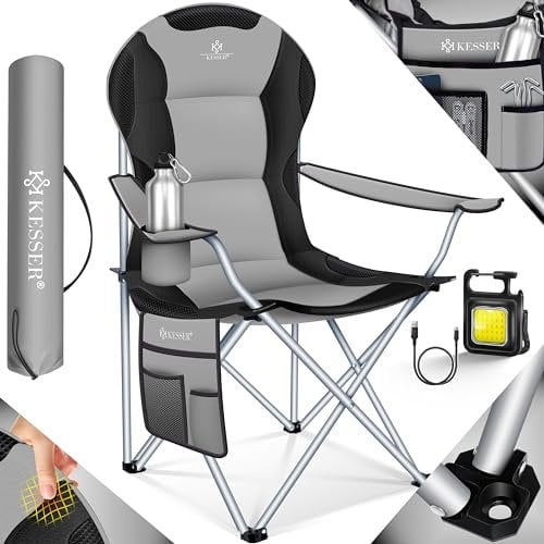 KESSER® Campingstuhl faltbar bis 150 kg Angelstuhl Faltstuhl Klappstuhl Gepolstert mit Armlehnen, hohe Rückenlehne Strandstuhl, Klapphocker inkl. Campinglicht Getränkehalter Tasche & Becher Grau