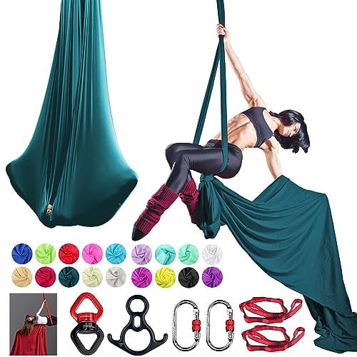 PRIORMAN Aerial Silks for Home Yoga Swing Set Low Stretch Yoga Hammock Kit with Hardware Anti-Gravity Flying Silk (Dark Green)