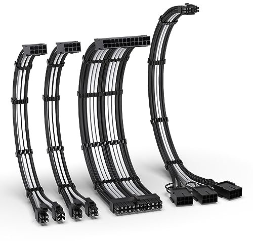 EZDIY-FAB PCIE 5.0 12VHPWR Sleeved Cable Kit - 16AWG Power Supply Extension, PC PSU Sleeved Cable - 24PIN-ATX/(4+4) PIN-EPS/(12+4) PIN to 3x 8 PIN PCIE - RTX4080/4070Ti Extension - Black/White