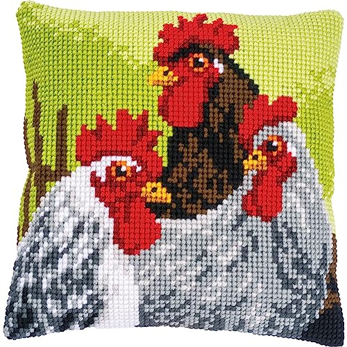Vervaco Cross Stitch Kit Cushion Complete Set Rooster and Chickens Decoration Manual Embroidery Kit Adult Creative Art Gift DIY Cross Stitch Embroidery ca. 40 x 40 cm