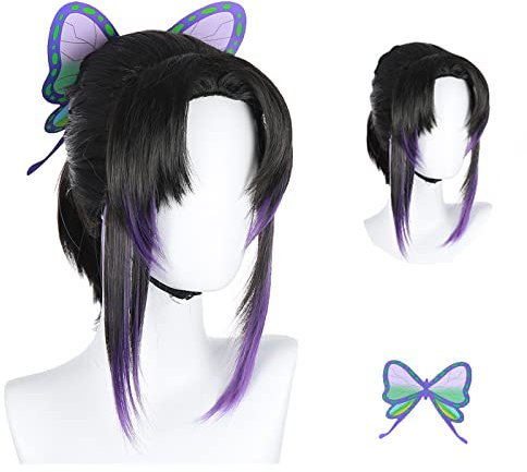 YEAJION Kochou Shinobu Cosplay Perücke Anime Demon Slayer Cosplay Shinobu Perücke Kimetsu no Yaiba Kostüm Halloween Karneval Party Bühnenauftritt Cosplay Zubehör Erwachsene