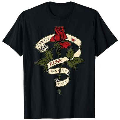 Every Rose Has Its Thorn Tattoo Stamp Rose And Scroll Design T-Shirt