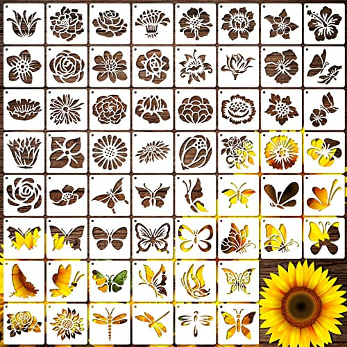 MWOOT 60 Stück Blume Schmetterling Malerei Schablonen Satz,DIY Wiederverwendbare Flower Zeichnung Painting Stencils,Drawing Template für Scrapbooking Leinwand Möbel Handwerk Dekoration(7.62x7.62cm)