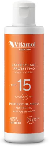 Vitamol Medium Sun Protection SPF 15 Sonnenmilch für Gesicht und Körper, die vor UVA- und UVB-Strahlen schützt. Kein Weißeffekt. Wasserbeständig
