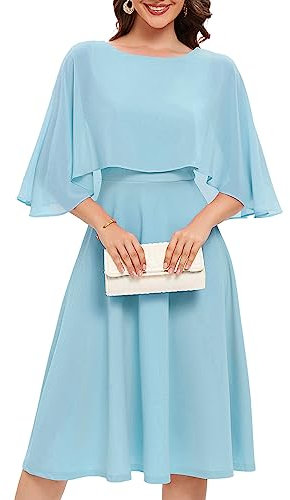 Fynadressr Women Plus Size Cape Dress with Chiffon Overlay Cocktail Party Wedding Guest Formal Dresses Blue XL