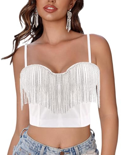 Naimo Damen Sexy Strass Quaste Bustier Push Up Crop Top Korsett BH Glitzer Diamant Tank Top Weste Party Clubwear
