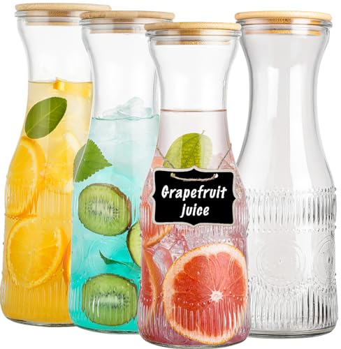 wookgreat Glass Carafe Pitchers with Lids, Set of 4 1 Liter Embossed Designed Beverage Pitcher Carafe Set for Mimosa Bar, Juice Container for Brunch, Cold Water, Juice -With 4 Wooden Chalkboard Tags