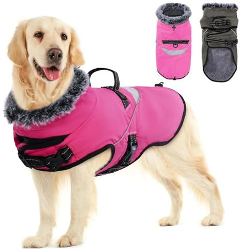 LIANZIMAU Wasserdichter Hundemantel mit Geschirr Wintermantel Hundepullover Fleece Reflektierende Hundejacke Regenmantel für kleine, mittlere und große Hunde