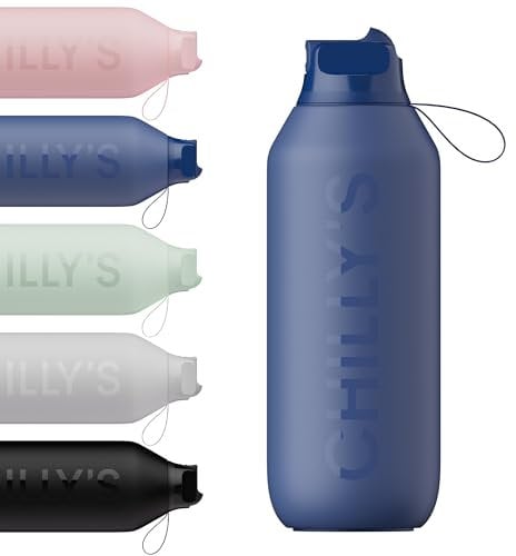 Chilly's Series 2 Gourde de sport avec bouchon rabattable, paille télescopique et boucle de transport en nylon - bouchon facilement amovible, brosse incluse - 1000ml - Whale Blue