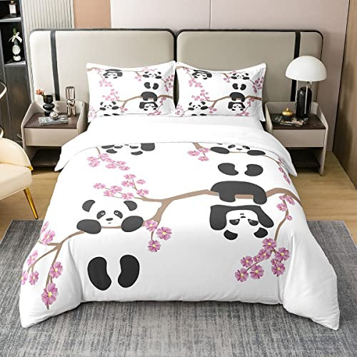 Homewish Enfants Housse de Couette 140x200 Panda en Coton Biologique, Parure de Lit Fleurs de Cerisier, Ensemble de Literie Animalière pour Garçons Filles Ados, Couvre Lit Dessin Animé