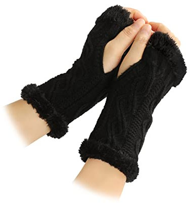 Feelorna Mitaines en tricot pour femme - En peluche - Pour l'hiver - Moufles - Poignets plus chauds - Avec trou pour le pouce, Noir , taille unique