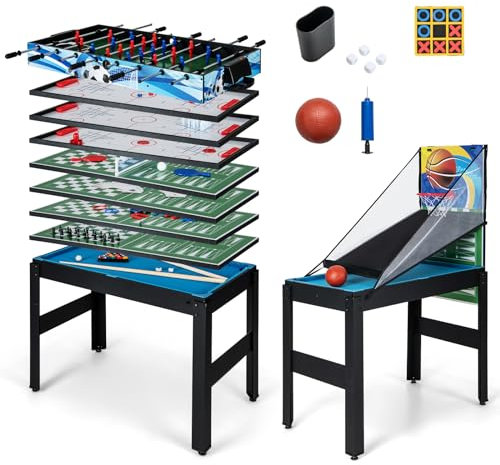 Maxmass 14 in 1 Multi Games Table Set, Wooden Sports Game Table with Football, Hockey, Billiard, Bowling, Shuffleboard, Table Tennis, Chess, Backgammon, Ring Toss, Combo Play Table for Family Party