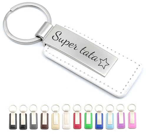 Porte-clés personnalisé en cuir et métal - Idée cadeau homme femme ou couple, cadeau personnalisé porte clé marraine parrain, cadeau père, mère (Blanc - Avec personnalisation)