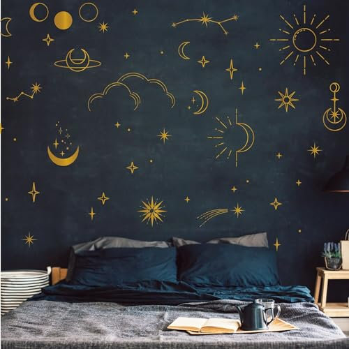Wandsticker Aufkleber Sternenhimmel Set gold silber kupfer Wandaufkleber Dekosterne Mond Sonne Sternbild