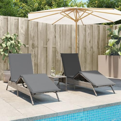 Homgoday Sonnenliegen 2 STK. mit Tisch Gartenliege mit Verstellbarer Rückenlehne und Fußteil Rattanliege Relaxliege Liegestuhl Strandliege Gartenmöbel Grau Poly Rattan