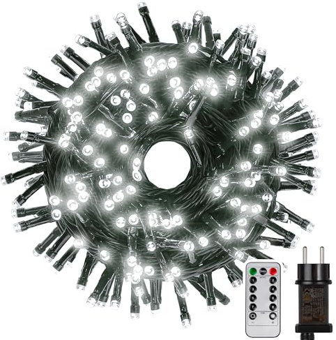 Tacobey Luci Albero di Natale Bianco Freddo, 20M 200 LED Catena Luminosa con Telecomando, 8 Modalità, Impermeabile, Timer, Luci Natalizie da Esterno ed Interno, Cavo Verde Scuro