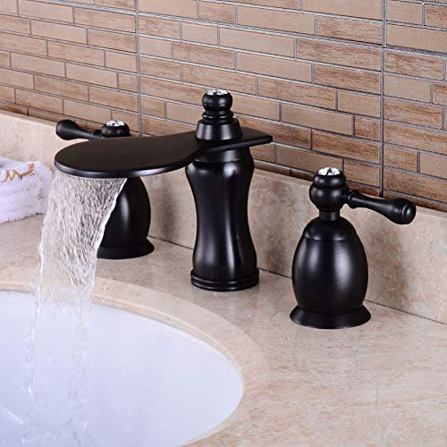 Waschtischarmatur, Washbasin Faucet, Oval Mouth Black Lacquer Brass Tap Three Hole Vintage Waterfall Wash Basin Three-Piece Hot Cold Mixing Faucet With Hose,(Copper)
